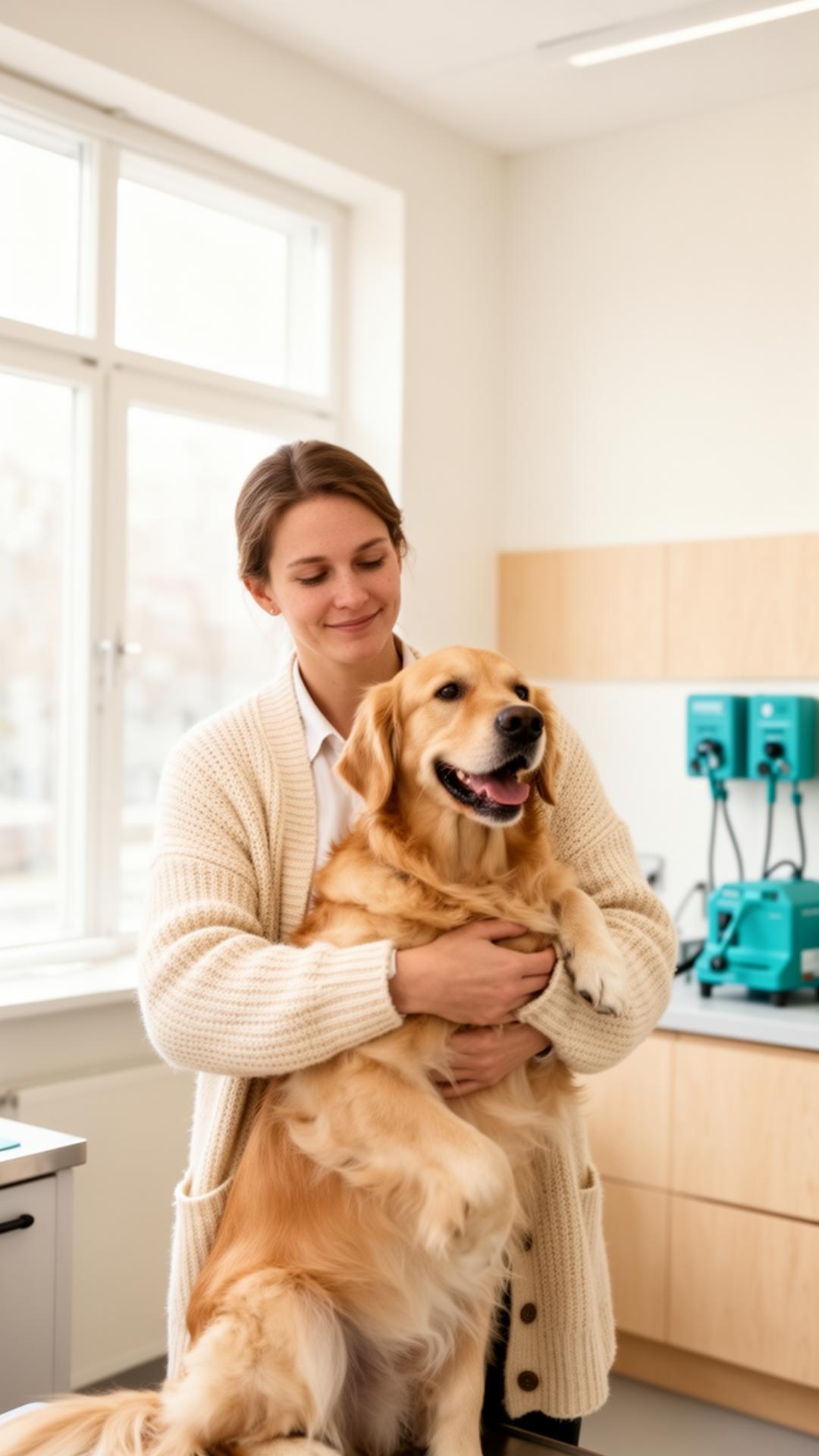 Veterinær undersøker en golden retriever på Vettre Dyreklinikk